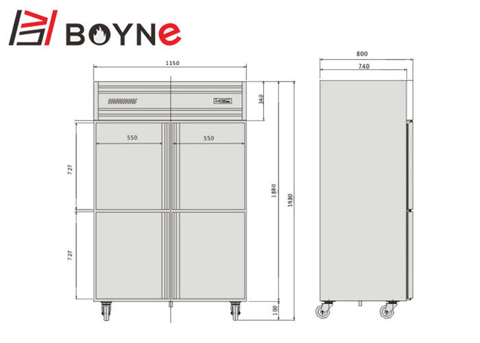 4 Door Commercial Stand Up Refrigerator , -12°C~-18°C Industrial Kitchen Refrigerator